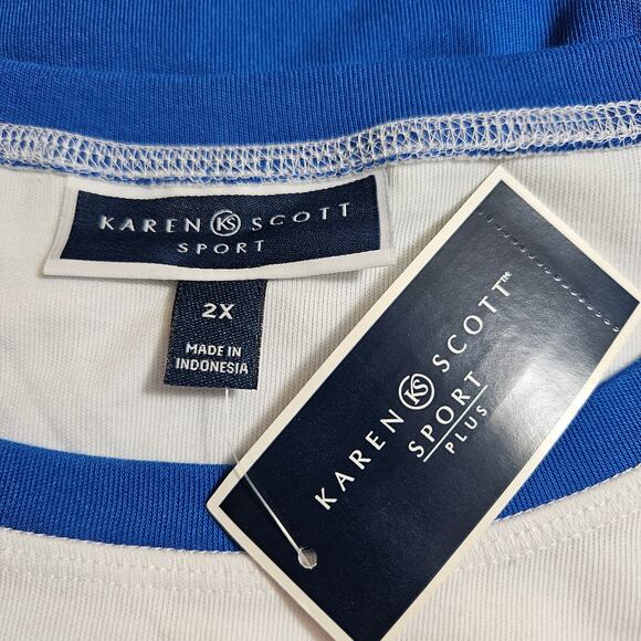 Karen Scott Sport Womens Striped Top Size 2X 3/4-Sleeve Boatneck White/Blue New - Picture 5 of 7